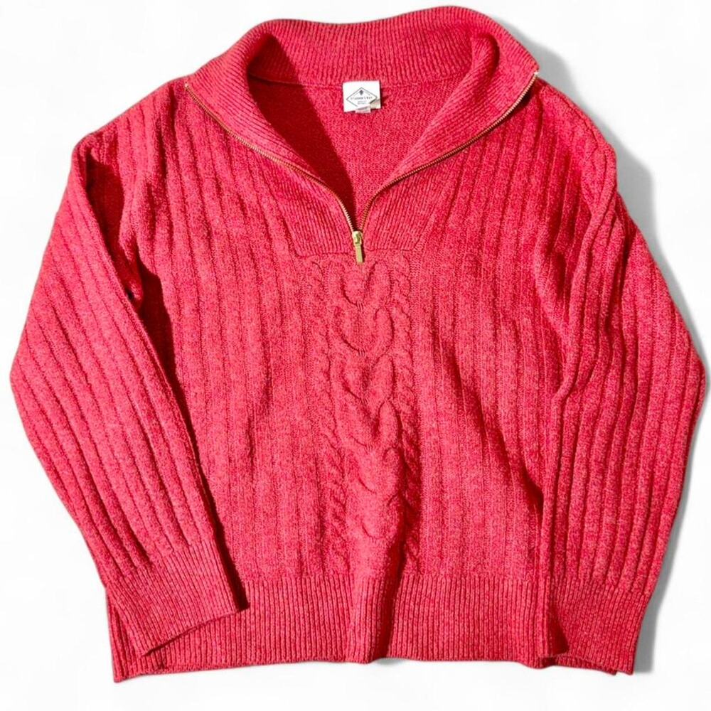 Vintage St Johns Bay Coral Pink Cable Knit Quarter Zip Sweater Size L